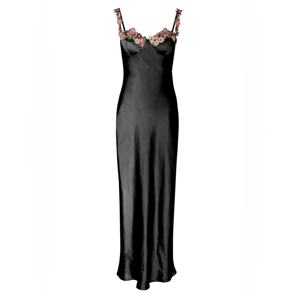 Selfie Leslie Black Midi Slip Dress With Pink Floral Trim